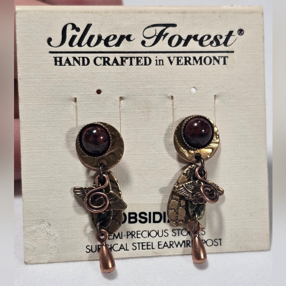 Silver Forest Obsidian Stone Dangle Earrings made USA - NEW